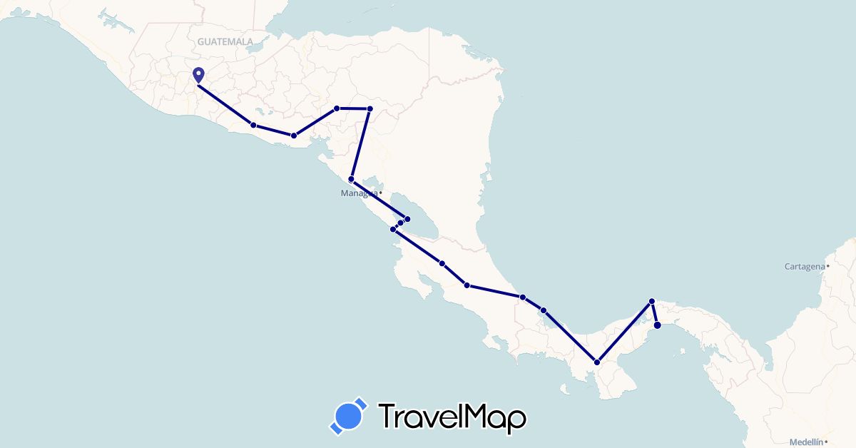 TravelMap itinerary: driving in Costa Rica, Guatemala, Honduras, Nicaragua, Panama, El Salvador (North America)
